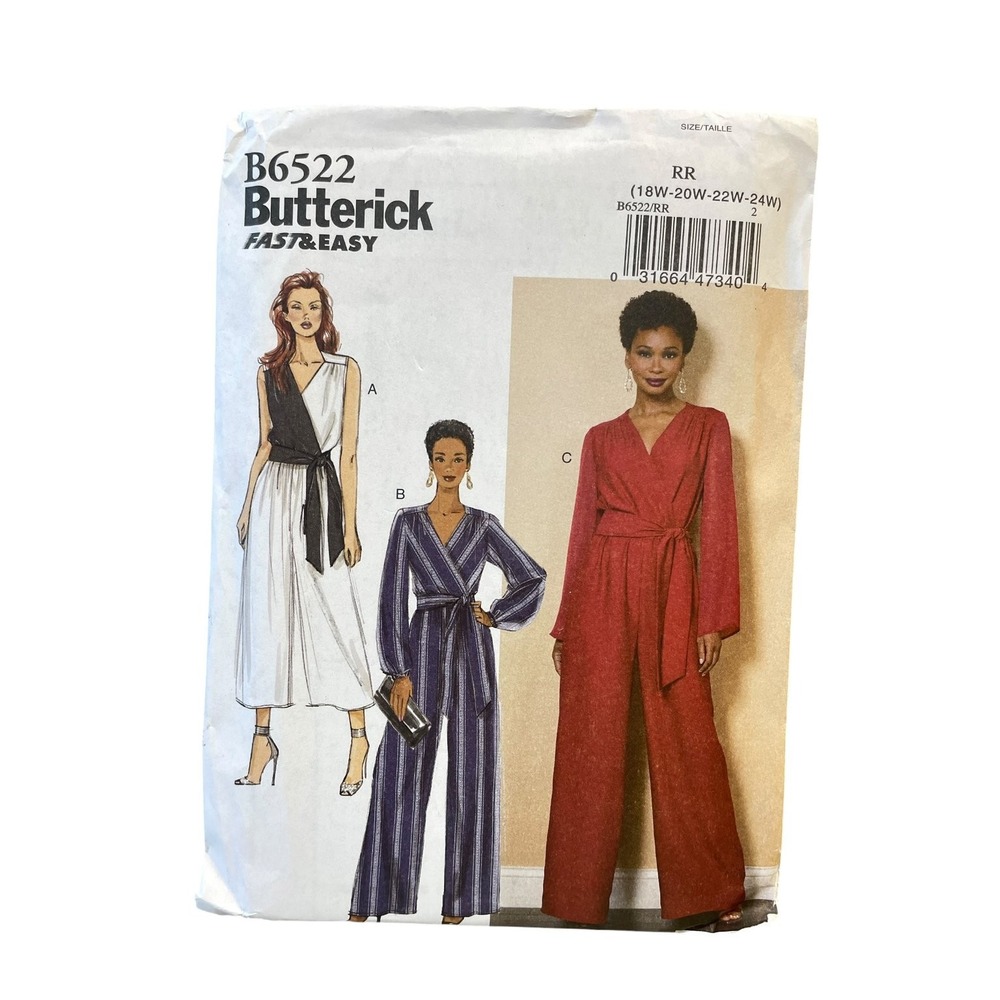 Butterick B6522 Sewing Pattern Women 18W-24W White Wrap Wide Leg Jumpsuit RR